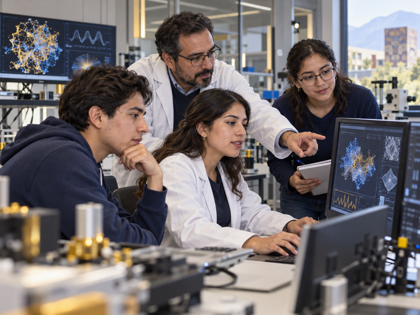 Estudiantes y docente revisan un proyecto de investigación